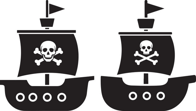 Two pirate ships with jolly roger flags crossbones adventure treasure illustration silhouette maritime nautical transport