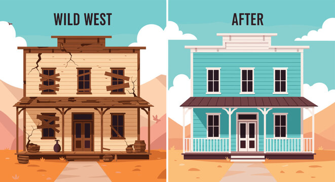 Side-by-side comparison of a dilapidated old wild west building and a renovated brightly painted two-story house in a desert landscape.