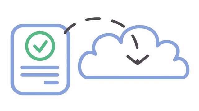 Verified document uploading to cloud storage with downward sync arrow isolated on an alpha channel. Secure data transfer to the cloud server. Minimalist digital workflow with approved file integration