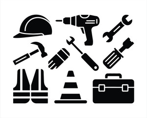 Fototapeta premium Construction and Repair Tools icons set. construction tools and equipment silhouette icons
