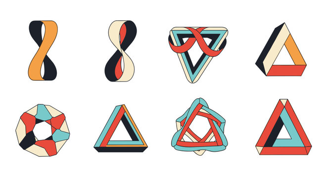 Collection of abstract geometric impossible shapes and optical illusions including Mobius strips and Penrose triangles in vintage retro colors.