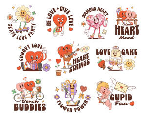 Fototapeta premium Valentine love characters, hippie Y2K groovy stickers with love quotes, vector t shirt prints. Valentine day cartoon groovy stickers with hearts riding bicycle, flower and wedding cake with happy face