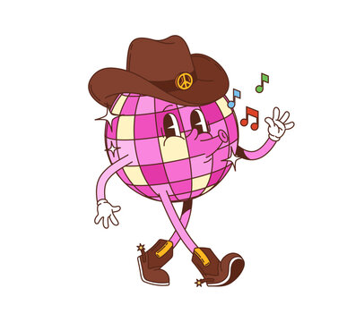 Cartoon groovy disco ball character wearing cowboy hat with peace sign emblem and boots. Retro vector personage walking and listening to music notes with hippie y2k vibe and funky vintage dancing mood