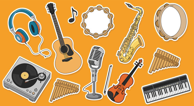 Colorful collection of musical instrument stickers including a guitar, saxophone, violin, microphone, turntable, and pan flute.