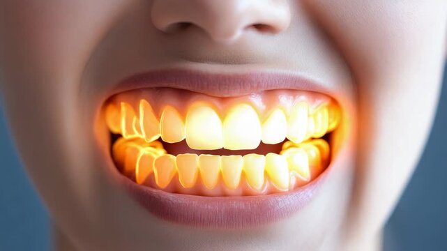 selective focus person grimacing with intense toothache and glowing pain in teeth