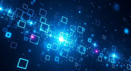 Fototapeta premium Blue background with a network of glowing squares and points, radiating light