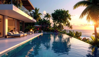 Fototapeta premium Luxury Tropical Villa with Infinity Pool Overlooking Ocean Sunset.