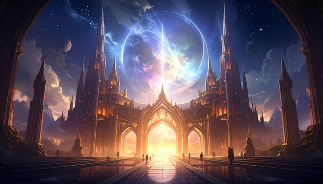 Fantasy castle with celestial energy