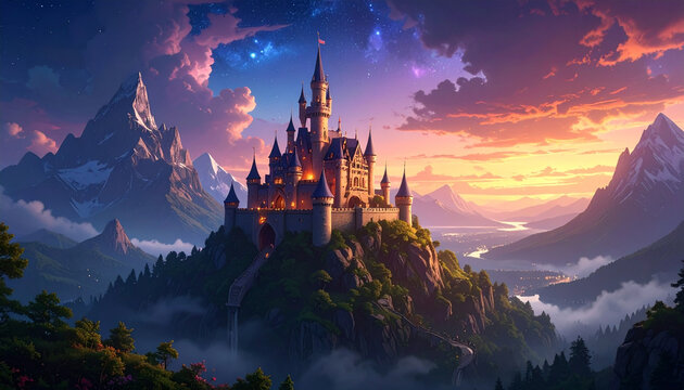 Fantasy castle on mountain at sunset