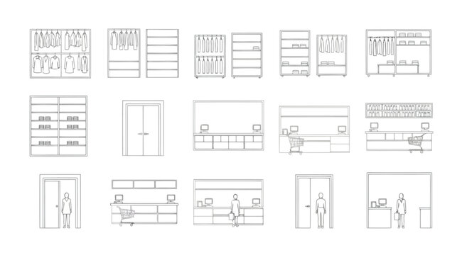 A collection of line drawings depicting various store and closet interior designs with shelving units, counters, and people