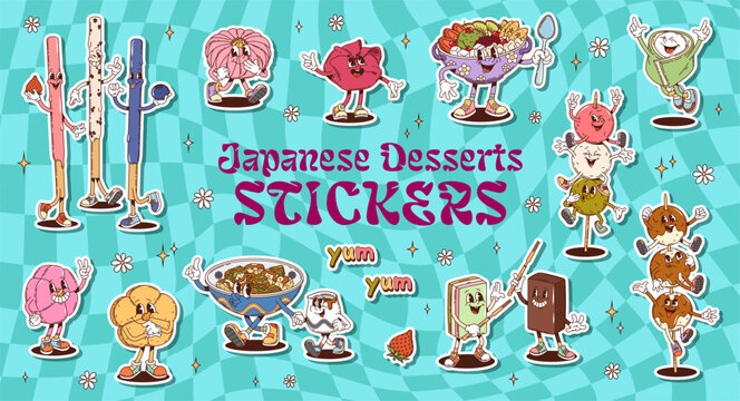 Cartoon retro groovy japanese desserts stickers pack of funny hippie asian sweet food. Cute groovy wagashi confectionery vector characters of rice cake mochi and daifuku, candy yokan, dumplings dango