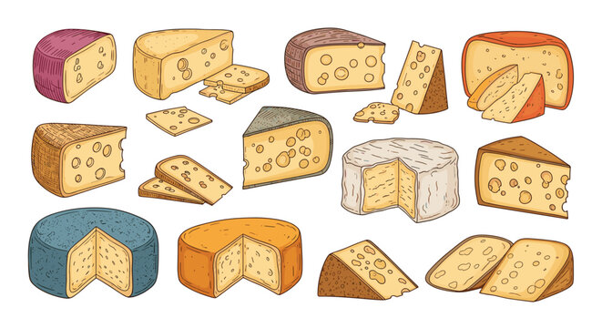 Assortment of diverse cheese varieties featuring whole blocks, wedges, and slices with different textures and natural colors.