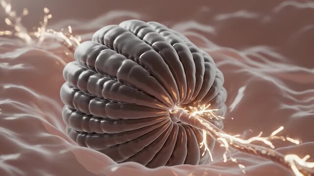 Detailed 3D Visualization of a Healthy Sensory Receptor Cell Transmitting Neural Signals with Blue Electrical Pulses Against a