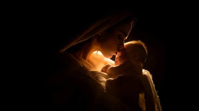 Mother cradling newborn in golden light