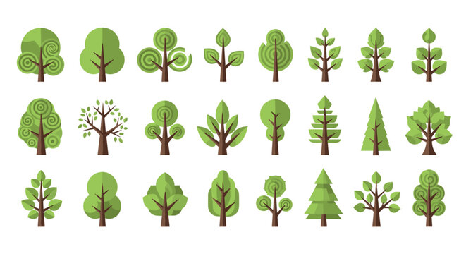 Large collection of stylized green tree icons featuring different shapes, foliage patterns, and species in a neat grid.