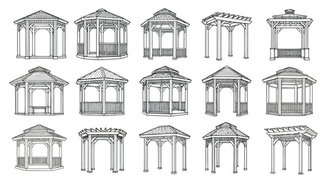 Collection of various gazebo designs and structures in black and white line art