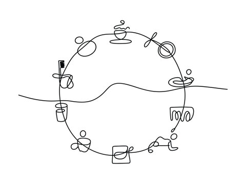 Continuous line drawing of various drinks and glasses in a circular pattern on white background