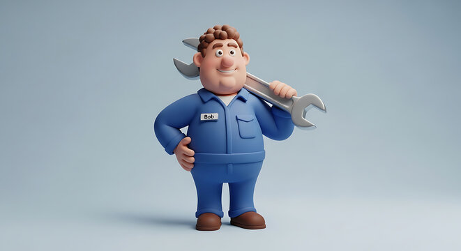 Cartoon mechanic man named Bob holding wrench over his shoulder in blue overalls, blue background, professional character illustration for industrial services and repair.
