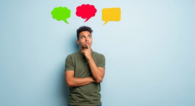 Man in green shirt looking up at green red and yellow speech bubbles against a blue background