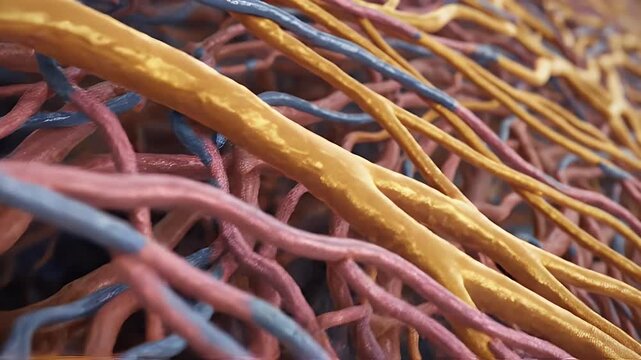 Detailed CGI macro view of branching biological vessels with yellow and blue tubes against reddish background soft focus