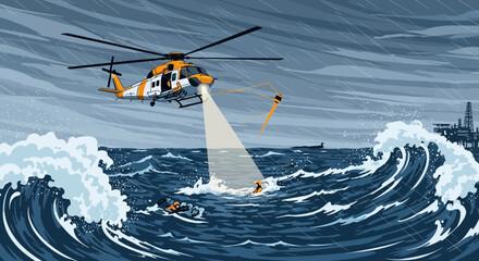 Naklejka premium Helicopter Rescue Mission in Stormy Seas: Saving Drowning People