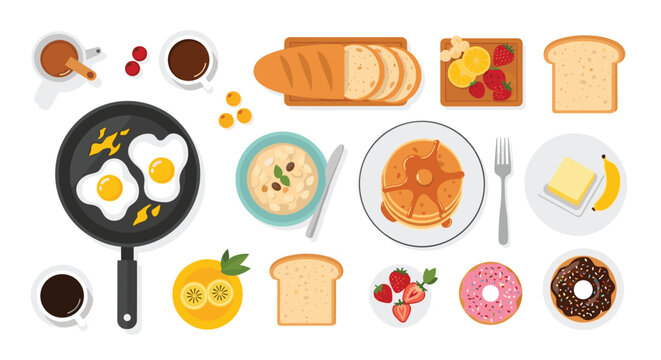 Top view of a delicious and diverse breakfast spread with pancakes, eggs, coffee, bread, fruit, and sweet treats on white.