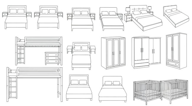 Collection of various furniture pieces including beds, wardrobes, and cribs in line drawings