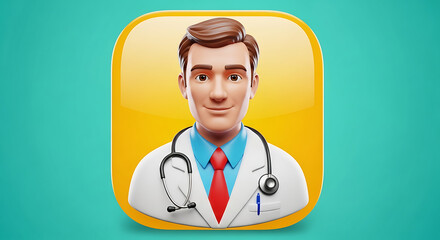 Fototapeta premium Friendly male doctor 3d character avatar wearing white lab coat and stethoscope against vibrant yellow square frame background on teal studio wall.