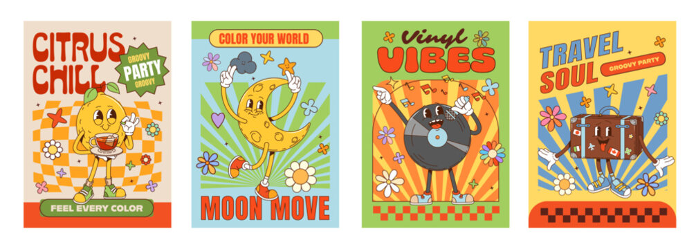 Retro party groovy characters posters of travel luggage suitcase, funny chill lemon holding a tea, dancing crescent moon, vinyl record singing with microphone. disco club and funky vintage posters