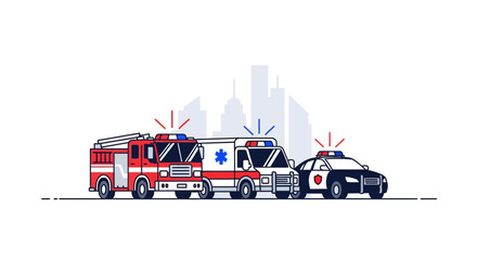 Emergency Services Vector Art: Fire Truck, Ambulance, Police Car with Cityscape Background © il