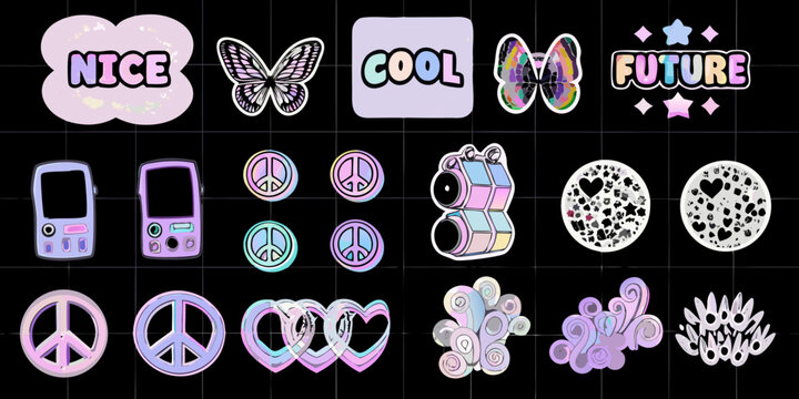 Aesthetic sticker collection featuring retro tech butterflies and positive words