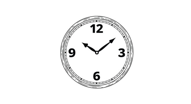 Simple black and white line drawing of a classic round analog wall clock showing the time at approximately ten past one.