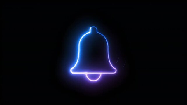 Neon Bell Notification Icon Glowing Blue Purple on Black Background