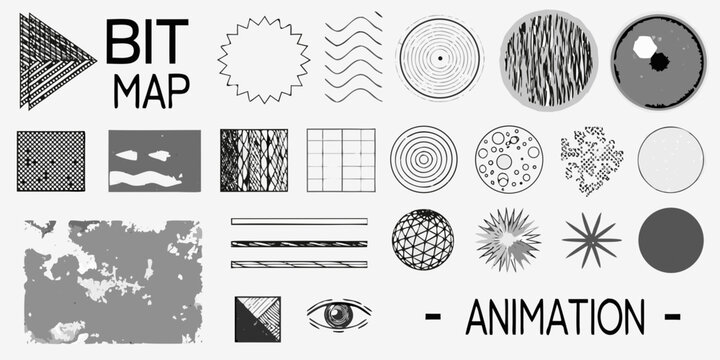 Abstract bitmap graphics and animation elements in grayscale tones