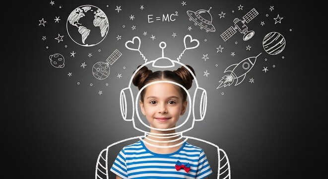 Astronaut child concept illustration with chalk doodles, stars, planets, and science symbols on dark background