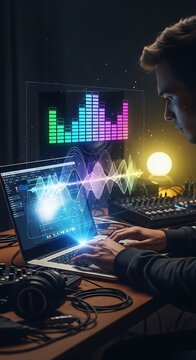 Sound engineer working on audio production with digital equalizer and sound waves visualization on laptop screen in studio setting