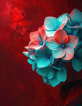 A vibrant cluster of turquoise and coral hydrangeas blooms against a textured crimson backdrop.