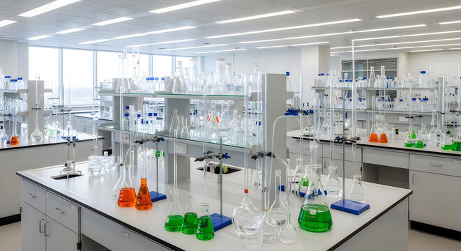 Modern chemistry laboratory with extensive glassware and equipment