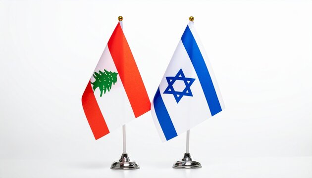 The flags of Lebanon and Israel cross at the base on silver poles, symbolizing neighboring nations, complex history, and political tension, displayed together as a striking emblem of diplomacy and div