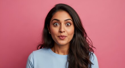Fototapeta premium Portrait of a surprised woman with dark hair and light blue shirt against a pink background wall