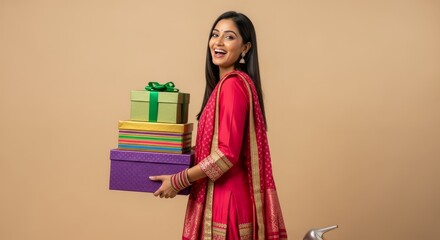 Fototapeta premium Smiling woman in red salwar kameez carrying a stack of colorful gift boxes on a beige background