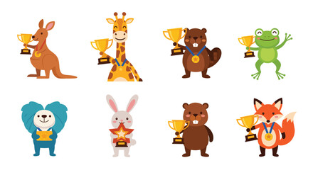 Obraz premium Cute animal champions collection featuring a kangaroo, giraffe, beaver, frog, lion, rabbit, and fox holding gold trophies and medals.