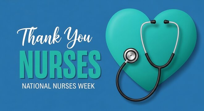 Stethoscope thank you nurses week greeting with blue and green heart background and readiness concept for healthcare staff