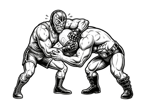 Black and white vector illustration depicting a professional wrestling or MMA grappling scene.