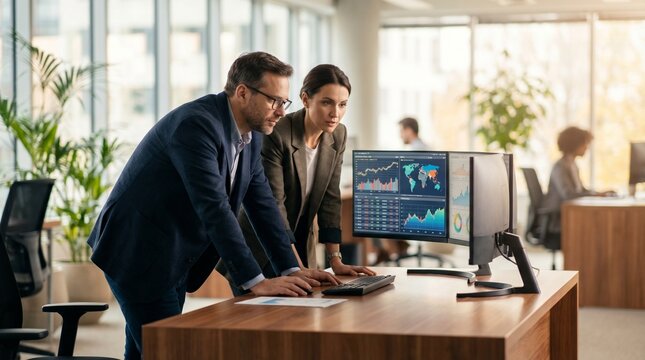 Business professionals collaborating on data analysis, making strategic decisions and reviewing market trends in a modern office environment