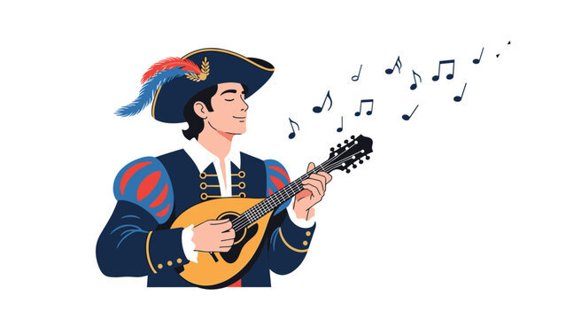 Renaissance bard in a feathered hat and blue tunic plays a mandolin as musical notes float through the air around him.