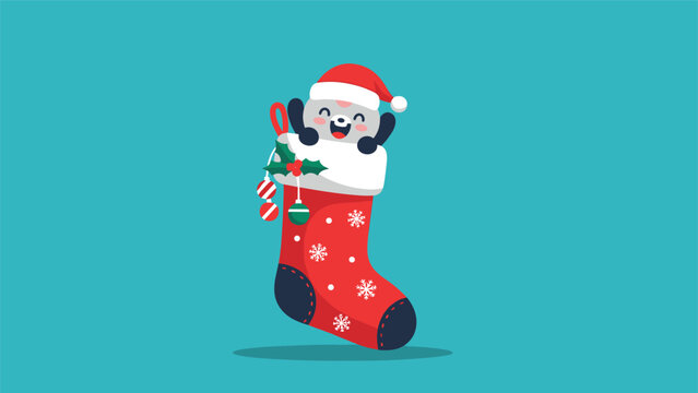 Cheerful little panda wearing a red santa hat peeking out from a decorated christmas stocking against a solid blue background.