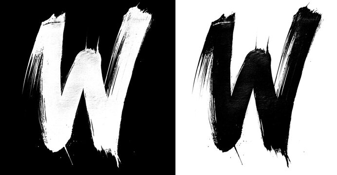 Brushstroke letter W in bold grunge style on split isolated black and white background, symbolizing contrast and creativity