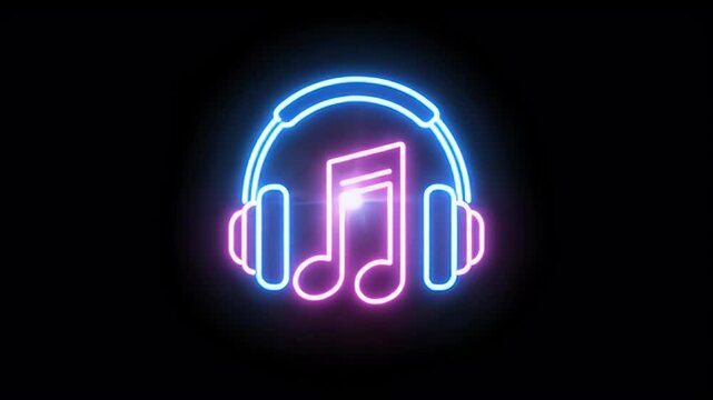 Neon headphones and music note glowing on black background