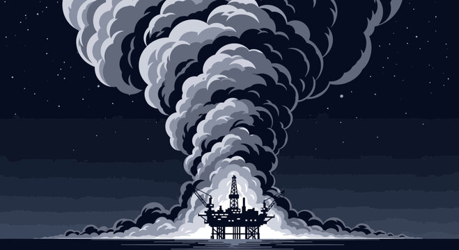 Oil Rig Explosion: Massive smoke cloud erupts from offshore platform at night, industrial disaster.